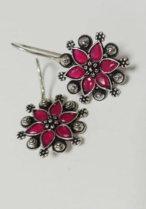 Pink Stone Floral Oxidised Earrings For Girls