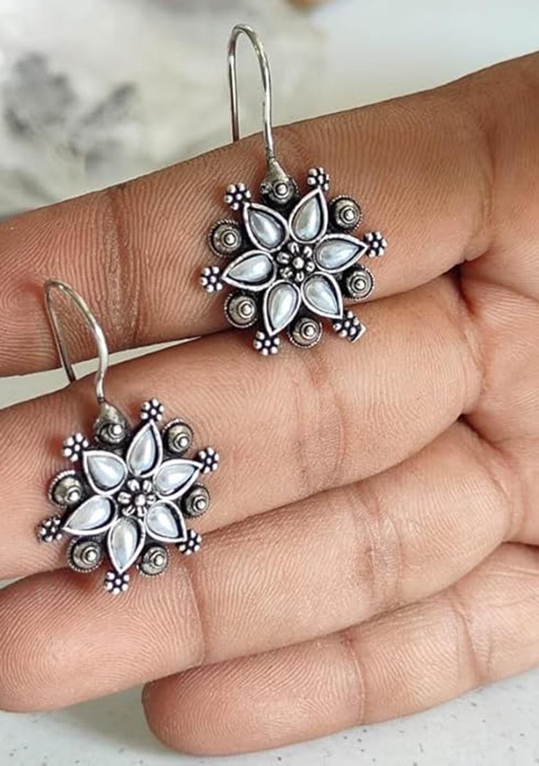 White Stone Floral Oxidised Earrings For Girls