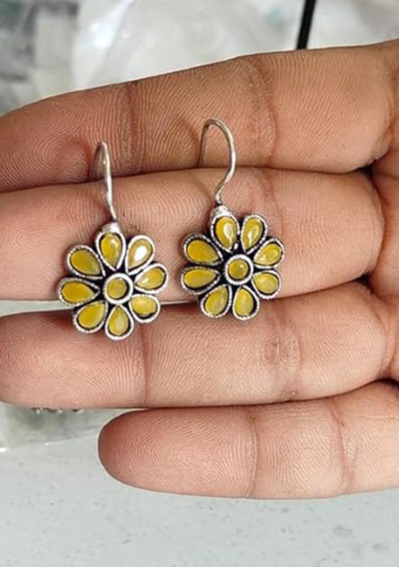 Yellow Stone Floral Oxidised Earrings For Girls
