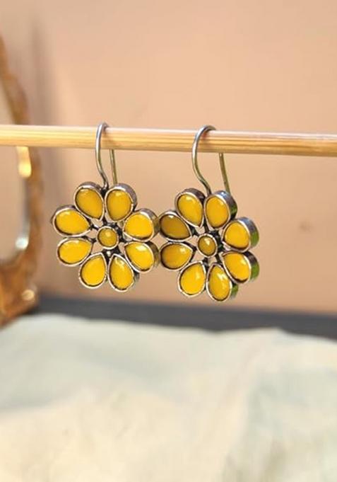 Yellow Stone Floral Oxidised Earrings For Girls