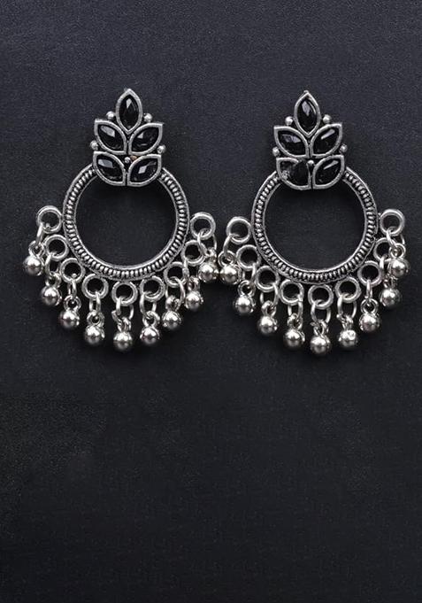 Black Leaf Pattern Round Oxidised Earrings For Girls