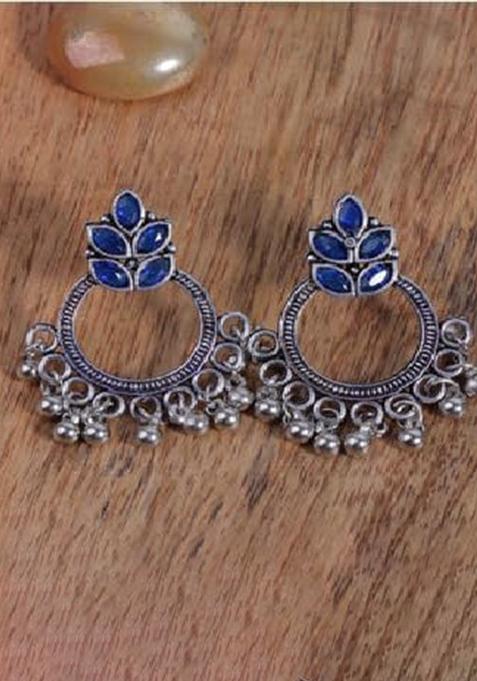 Blue Leaf Pattern Round Oxidised Earrings For Girls