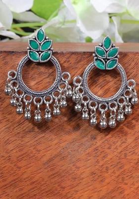 Green Leaf Pattern Round Oxidised Earrings For Girls