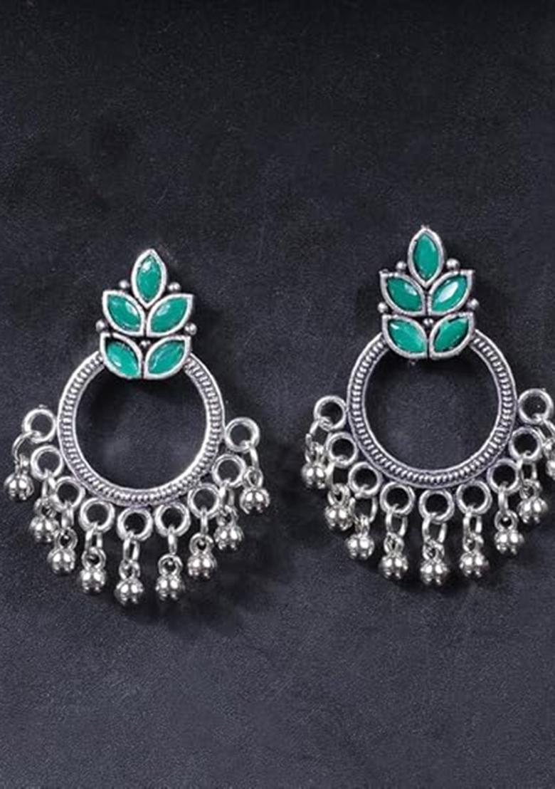 Green Leaf Pattern Round Oxidised Earrings For Girls