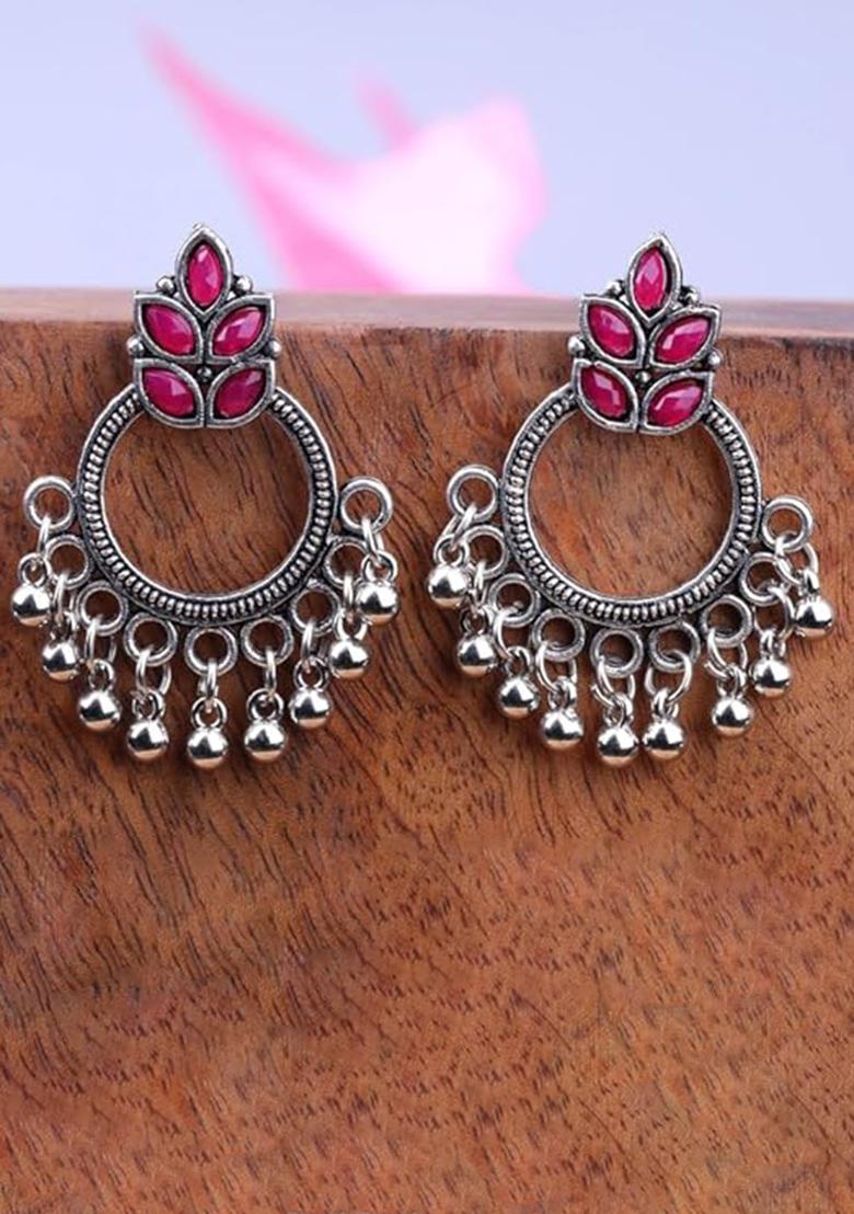 Maroon Leaf Pattern Round Oxidised Earrings For Girls