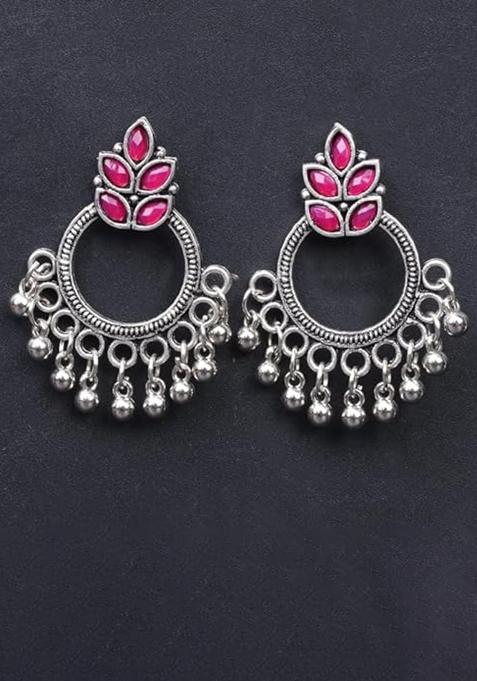 Maroon Leaf Pattern Round Oxidised Earrings For Girls