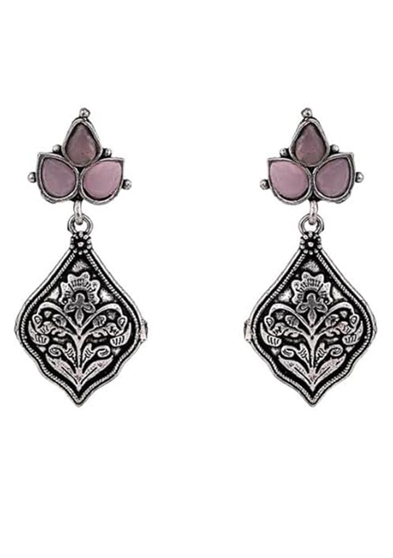 Light Pink Plant Design Oxidised Earrings For Girls