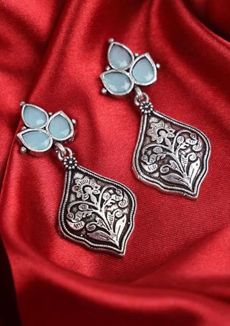 Blue Leafy Plant Style Oxidised Earrings For Girls