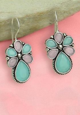 Blue Pink Floral Design Oxidised Earrings With Big Stones For Girls