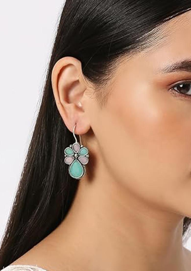 Blue Pink Floral Design Oxidised Earrings With Big Stones For Girls