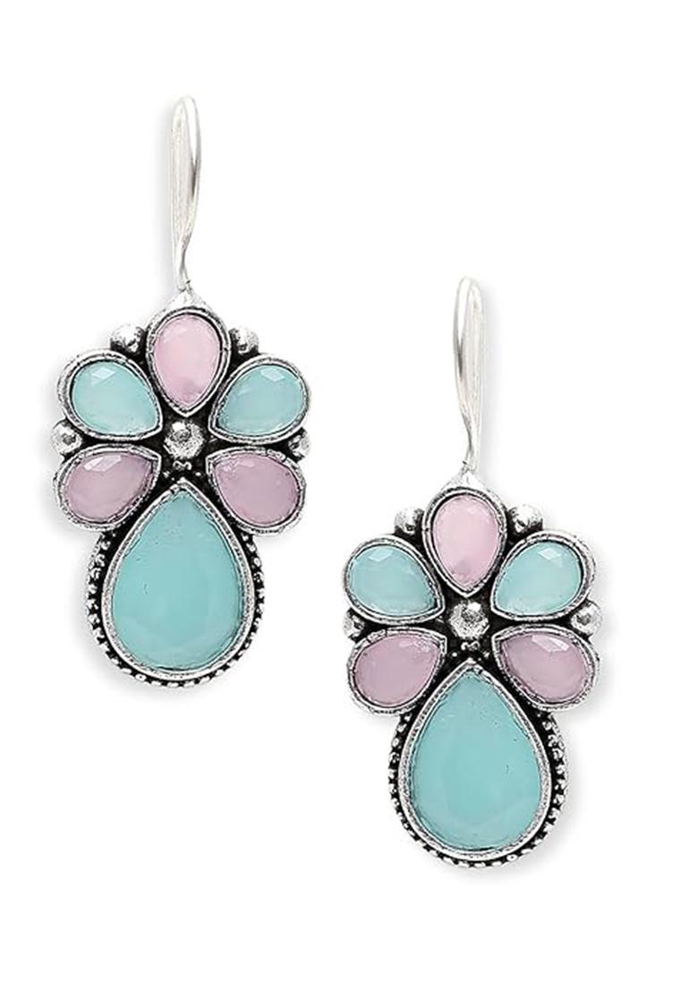 Blue Pink Floral Design Oxidised Earrings With Big Stones For Girls