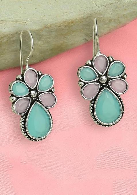 Blue Pink Floral Design Oxidised Earrings With Big Stones For Girls