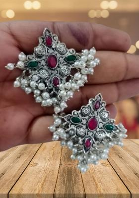 Maroon Green Star Design Oxidised Earrings For Girls
