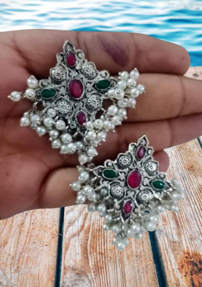 Maroon Green Star Design Oxidised Earrings For Girls