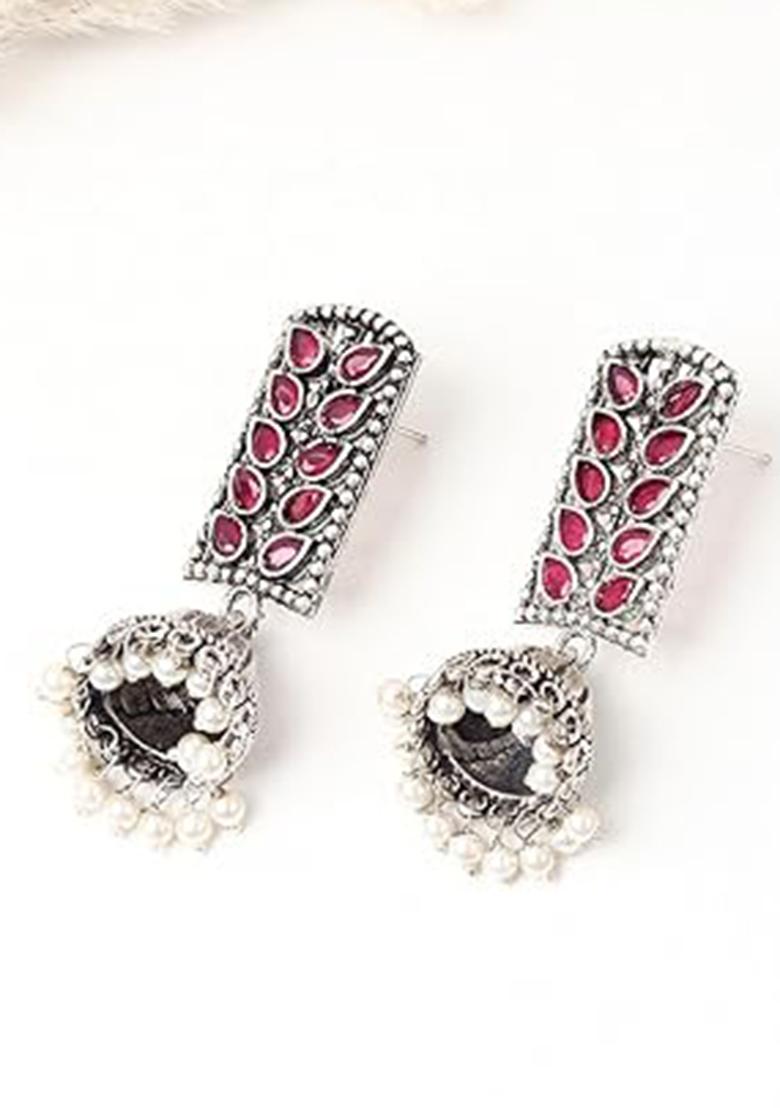 Pink Leaves Rectangle Oxidised Earrings With Jhumka For Girls