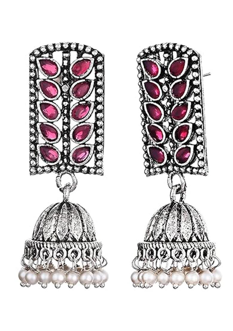 Pink Leaves Rectangle Oxidised Earrings With Jhumka For Girls
