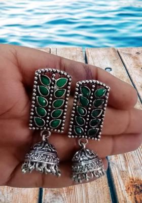 Green Leaves Rectangle Oxidised Earrings With Jhumka For Girls