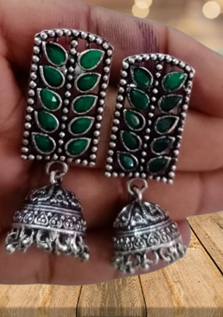 Green Leaves Rectangle Oxidised Earrings With Jhumka For Girls