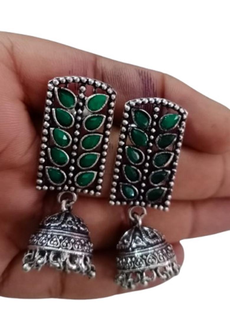 Green Leaves Rectangle Oxidised Earrings With Jhumka For Girls