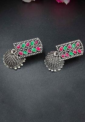 Maroon Green Leaves Rectangle Oxidised Earrings With Jhumka For Girls