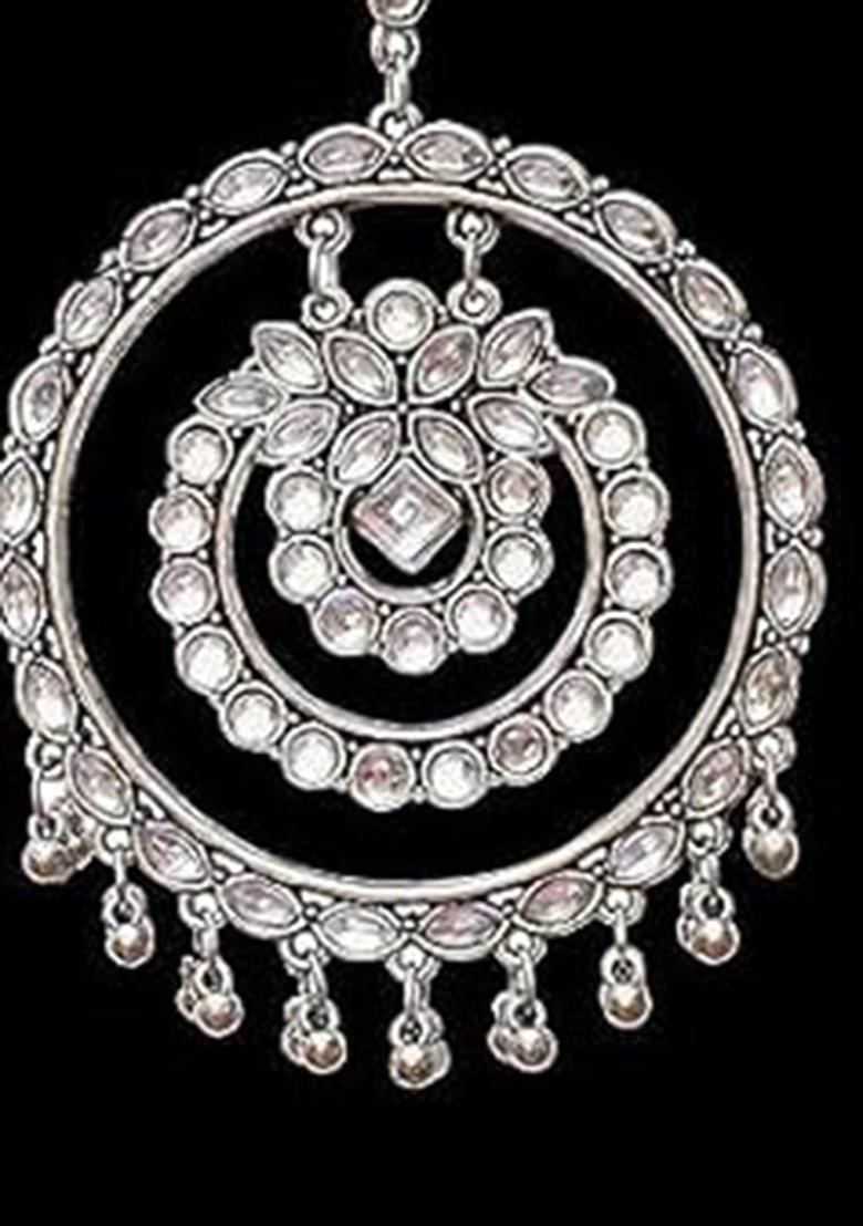 Big White Stone Round Oxidised Jhumki Earrings For Girls