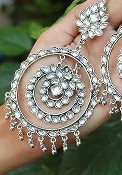 Big White Stone Round Oxidised Jhumki Earrings For Girls