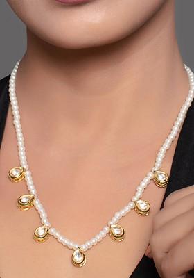 White Pearl Bead Kundan Embellished Necklace