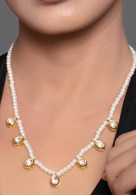 White Pearl Bead Kundan Embellished Necklace