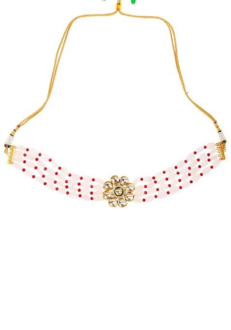 Pastel Pink And Maroon Bead Gold Tone Kundan Choker Necklace