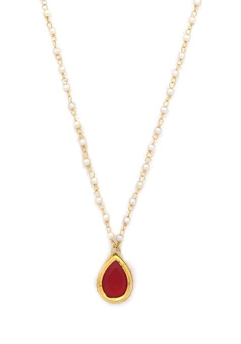 White Gold Tone Ruby Tear Drop Kundan Pearl Necklace