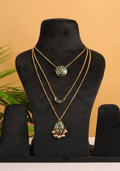 Gold Tone Multi Layered Green Meenakari Necklace