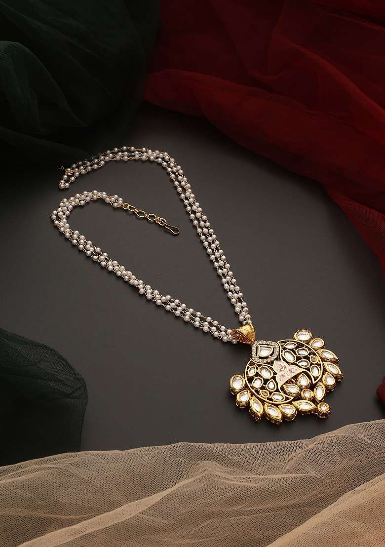 White Gold Kundan Pendant Necklace - Indya