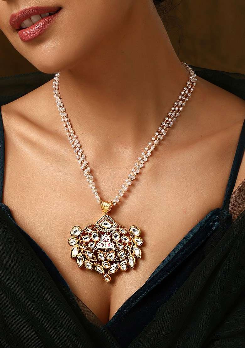 White Gold Kundan Pendant Necklace - Indya