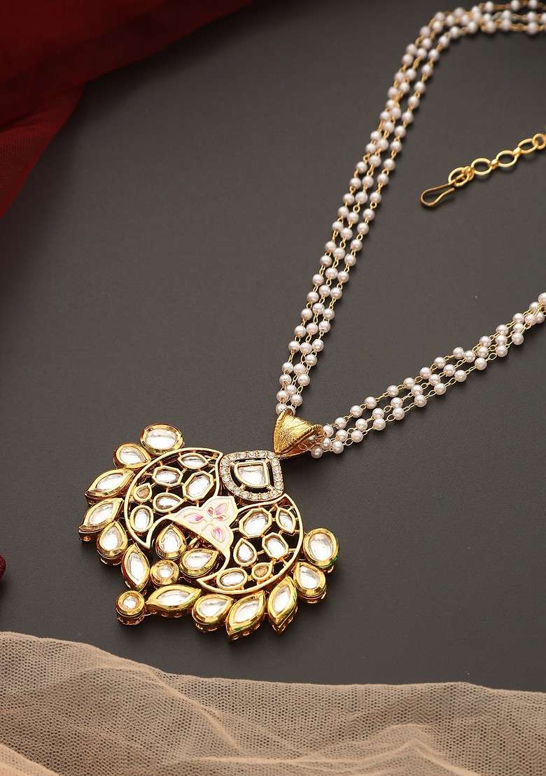 White Gold Kundan Pendant Necklace - Indya