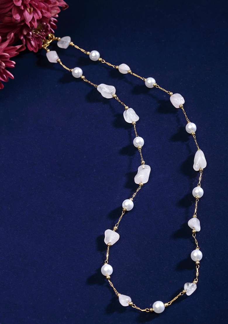 Pink Gold Plated Pearl Natural Stone String Necklaces - Indya