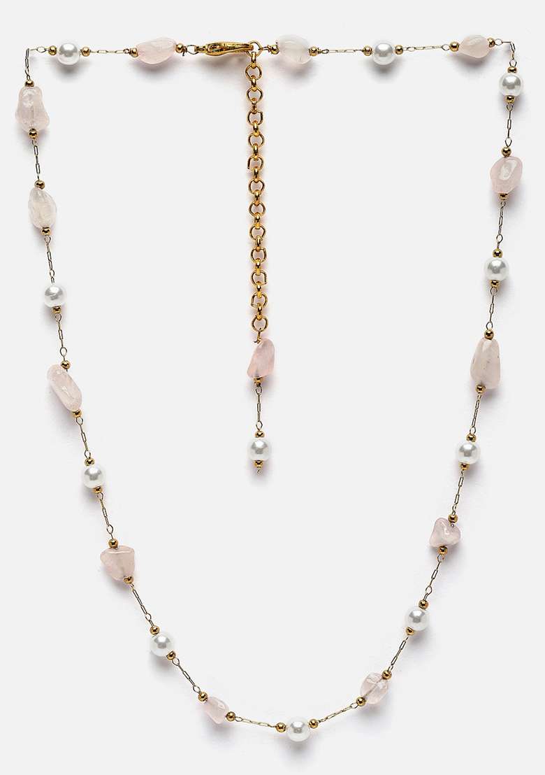 Pink Gold Plated Pearl Natural Stone String Necklaces - Indya