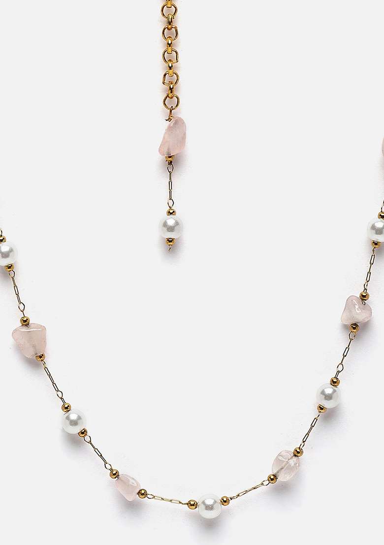 Pink Gold Plated Pearl Natural Stone String Necklaces - Indya