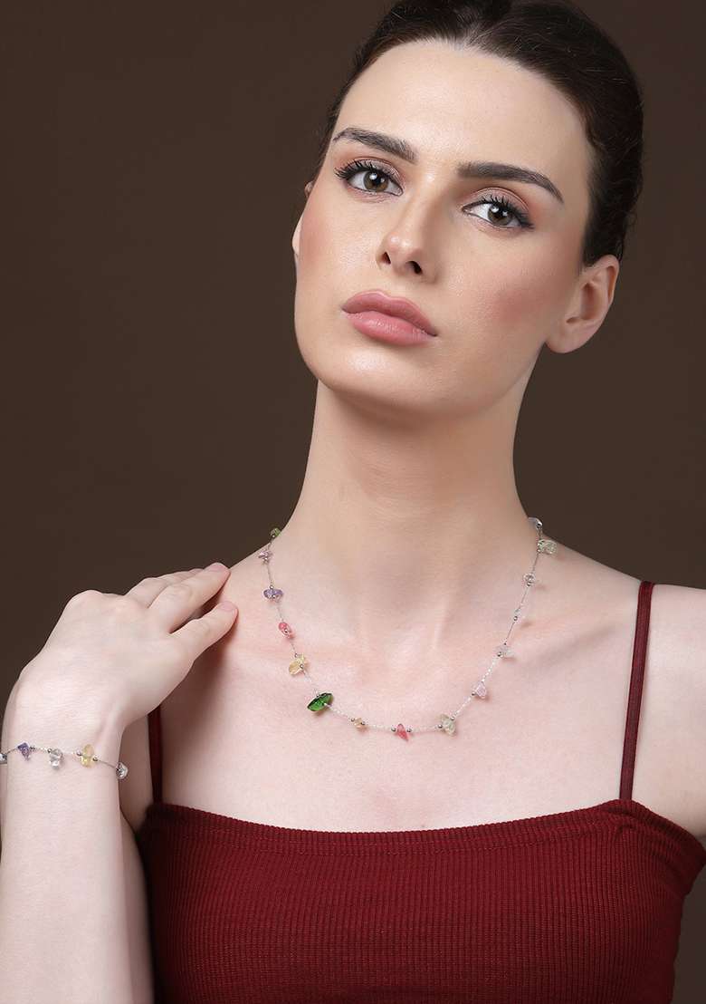 Purple And Pink Silver Plated Pearl Natural Stone String Necklaces - Indya