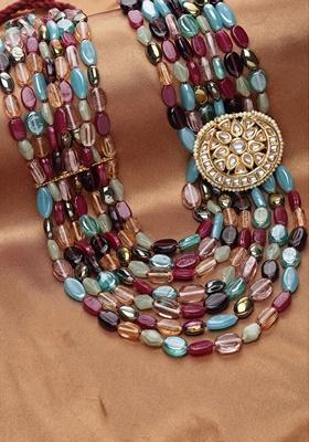 Blue And Pink Gold Plated Kundan Pearl String Necklaces