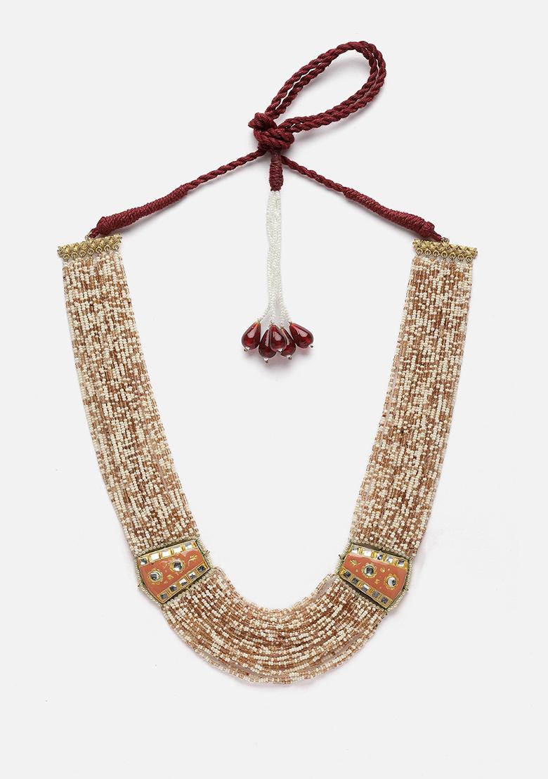 Brown And Green Gold Plated Pearl Natural Stone String Necklaces - Indya