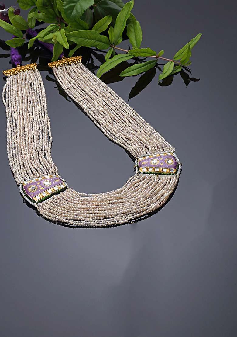 Purple And Cream Gold Plated Pearl Natural Stone String Necklaces - Indya
