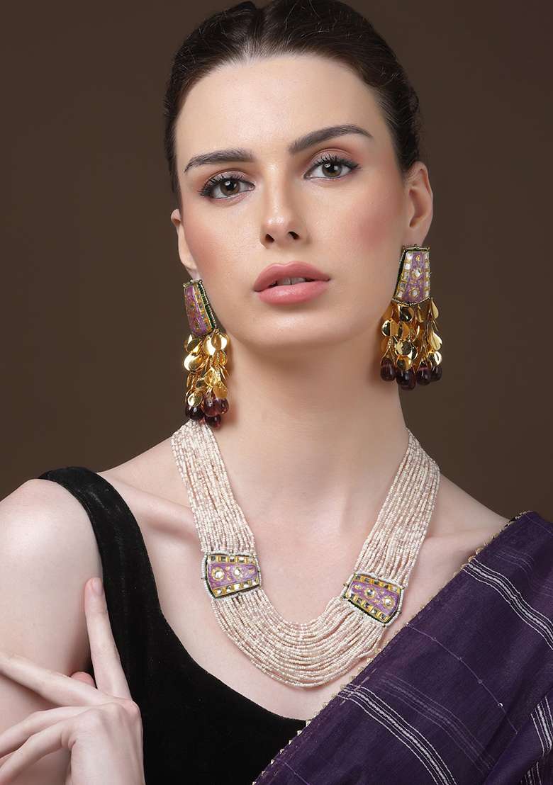 Purple And Cream Gold Plated Pearl Natural Stone String Necklaces - Indya