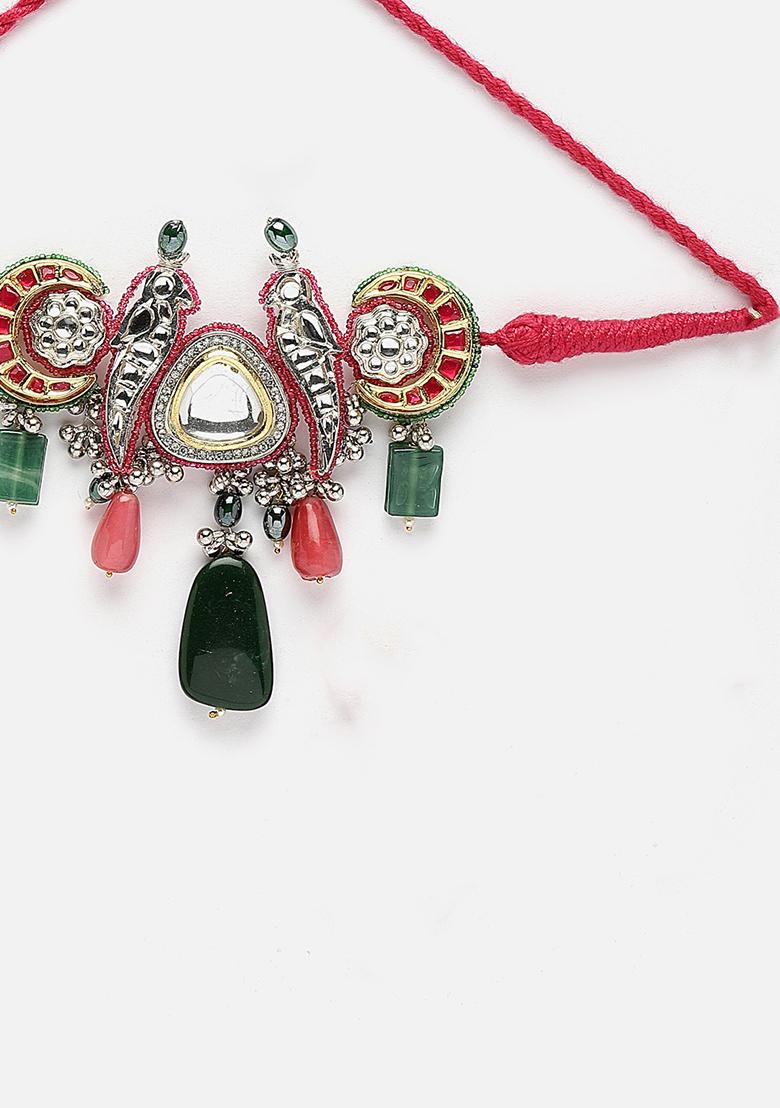 Red And Silver Gold Plated Kundan American Diamond Choker Necklaces