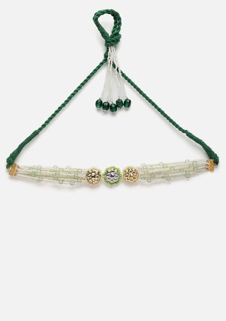 Silver And Green Gold Plated Kundan Pearl Choker Necklaces - Indya