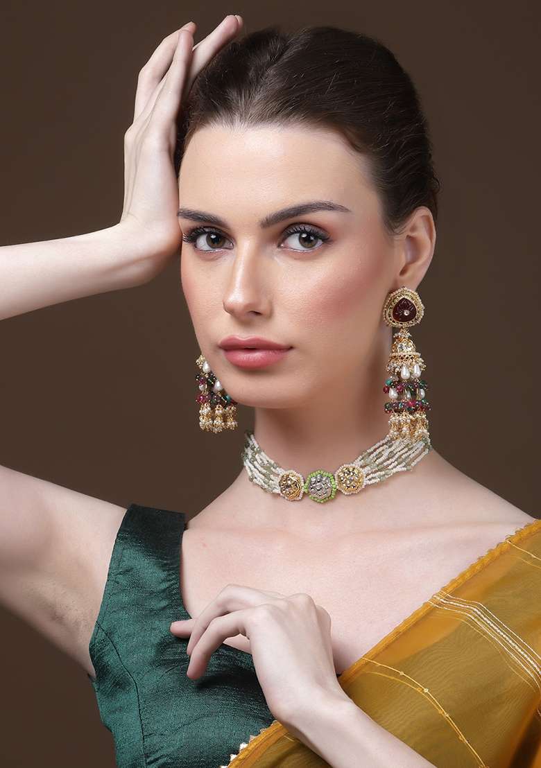 Silver And Green Gold Plated Kundan Pearl Choker Necklaces - Indya
