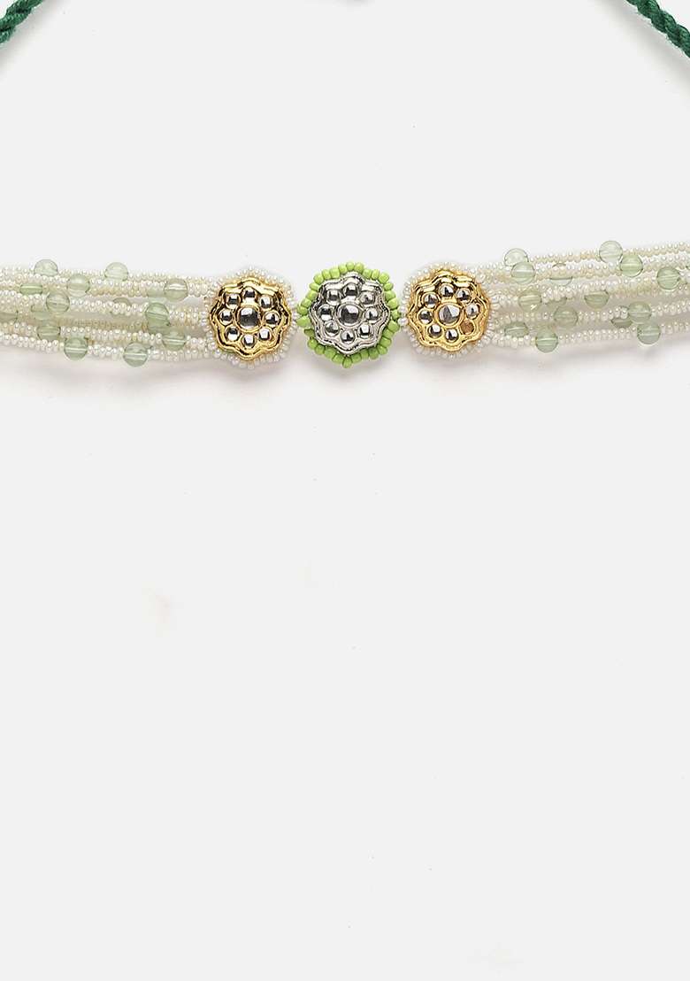 Silver And Green Gold Plated Kundan Pearl Choker Necklaces - Indya