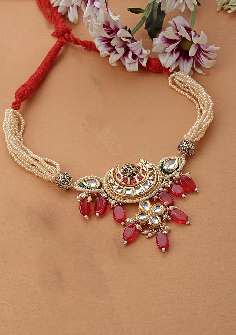 Red And Cream Gold Plated Kundan American Diamond Choker Necklaces - Indya