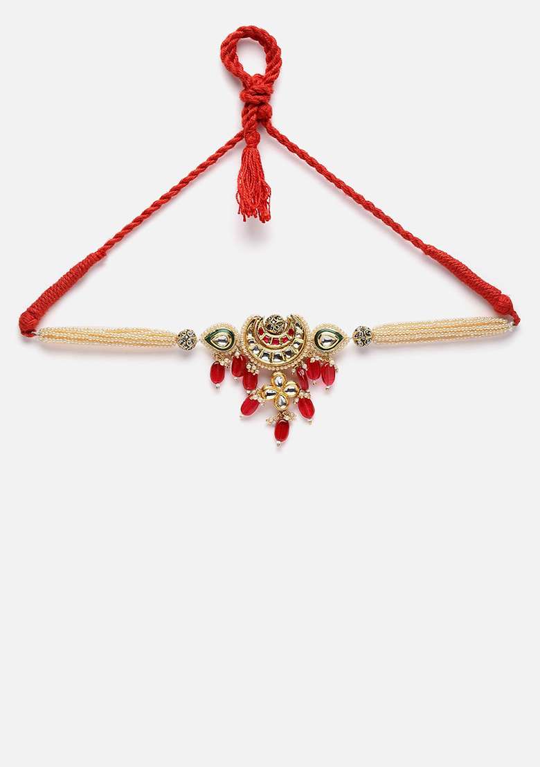 Red And Cream Gold Plated Kundan American Diamond Choker Necklaces - Indya