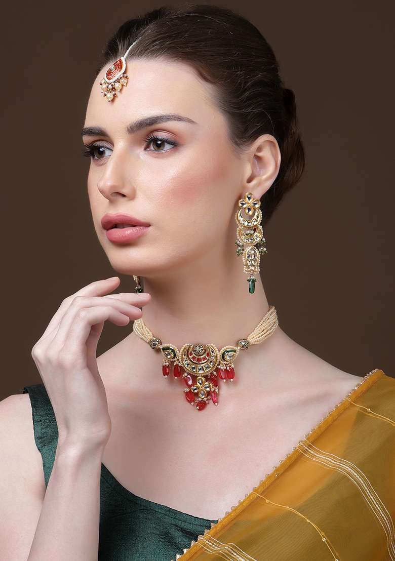 Red And Cream Gold Plated Kundan American Diamond Choker Necklaces - Indya