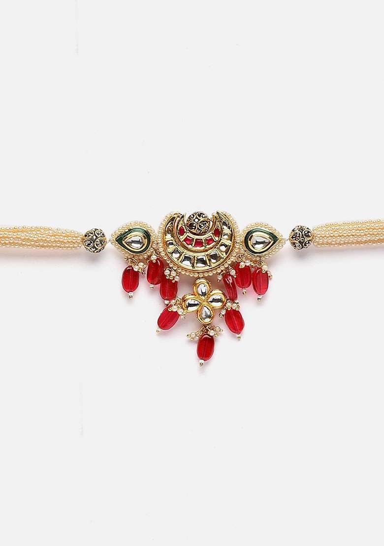 Red And Cream Gold Plated Kundan American Diamond Choker Necklaces - Indya